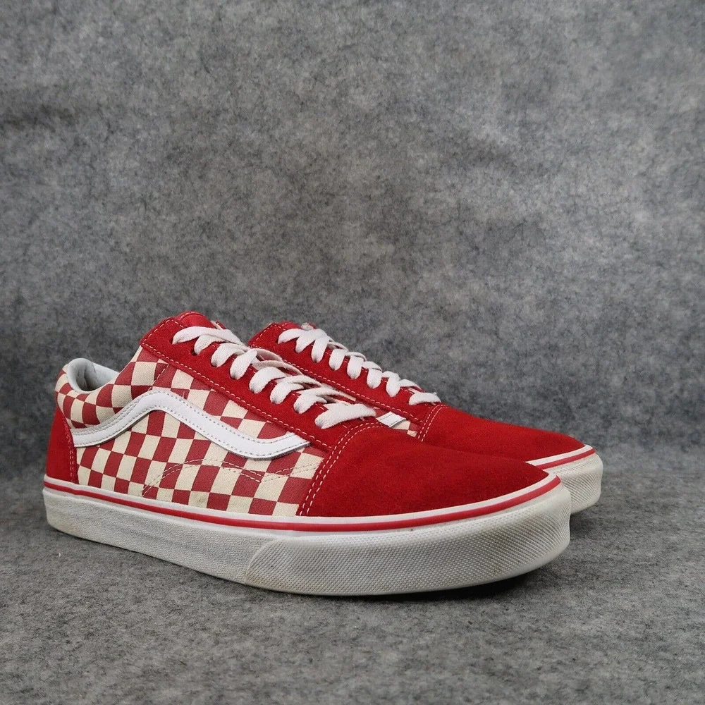 Vans Shoes Mens 10.5 Old Skool Sneakers Canvas Suede Checkerboard Skater Red Low